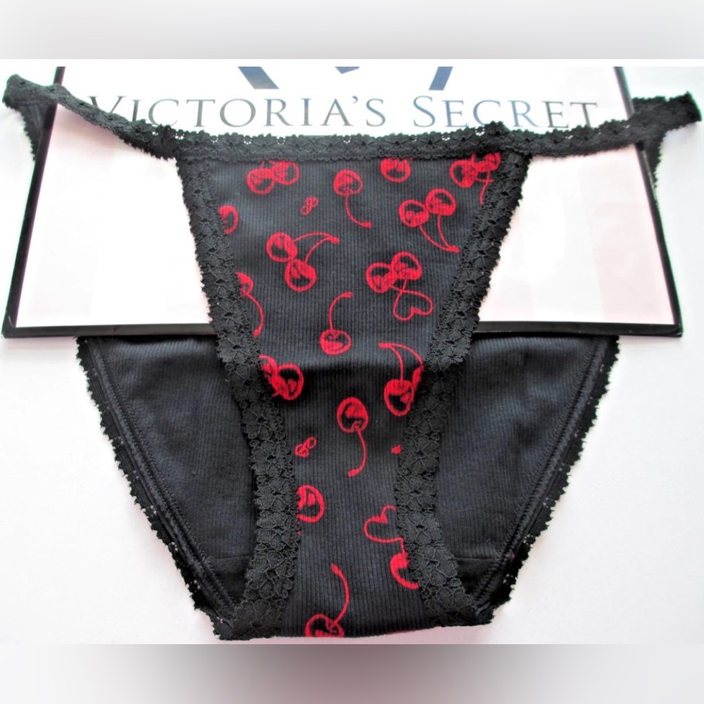 VICTORIA'S SECRET PINK Wink Cotton String Bikini Panty Black Red Cherry